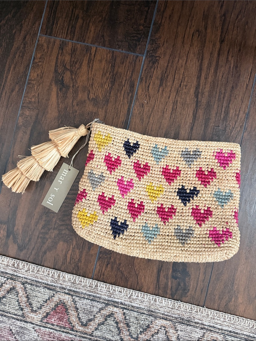 mar y sol Beige Woven Tassel Wristlet with Multicolor Heart Pattern